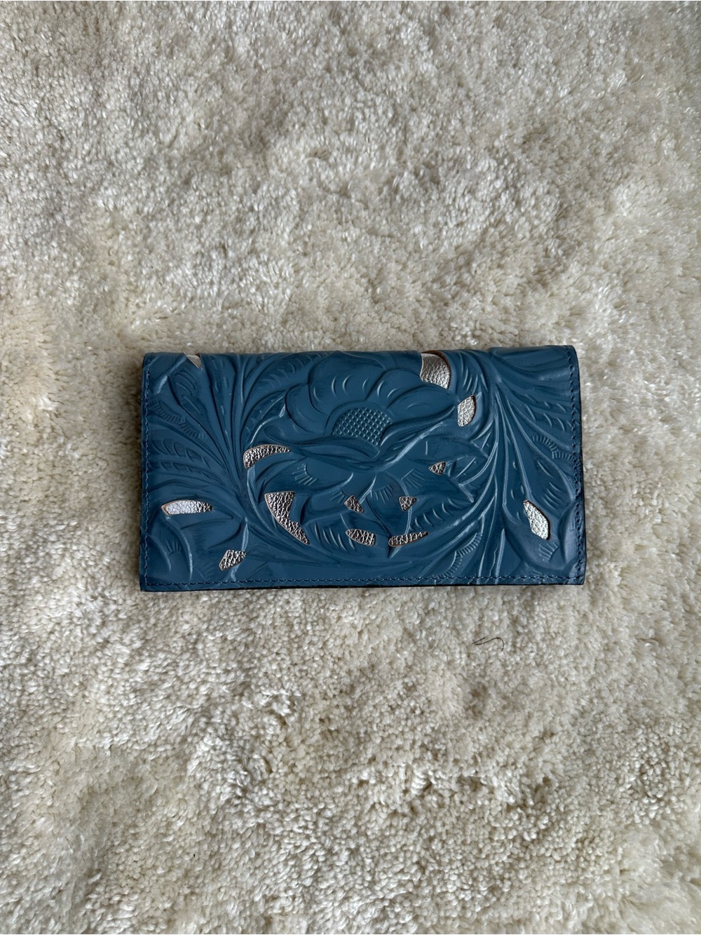 Patricia Nash Evelyn Wallet Safflowern Blue Leather Cutout Trifold Organizer NEW